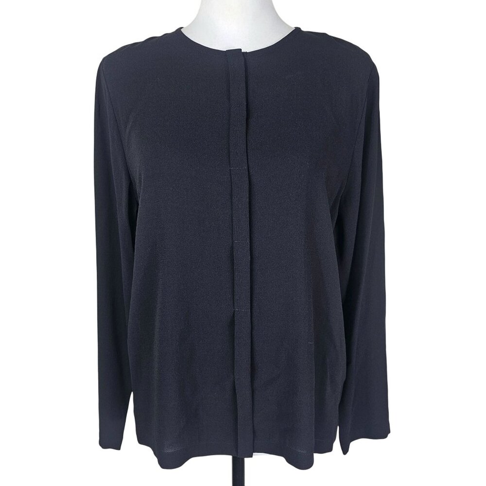 Eileen Fisher Silk Button Up Top PS Black Collarless Minimalist Office Luxury‎
